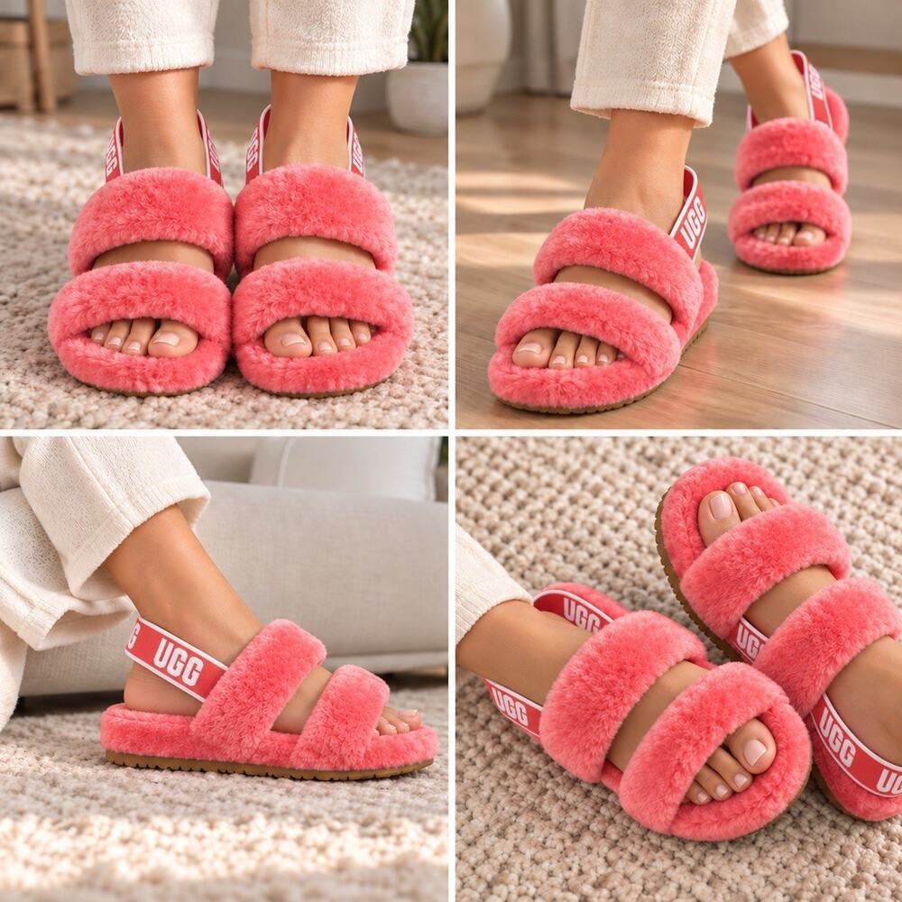 UGG Oh Yeah Fuzzy Slide Slippers Women’s 6 Pop Coral Pink 1107953